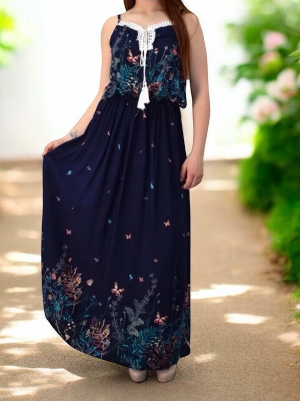 Seven islands Exotic Floral Bohemian blue dress Size L